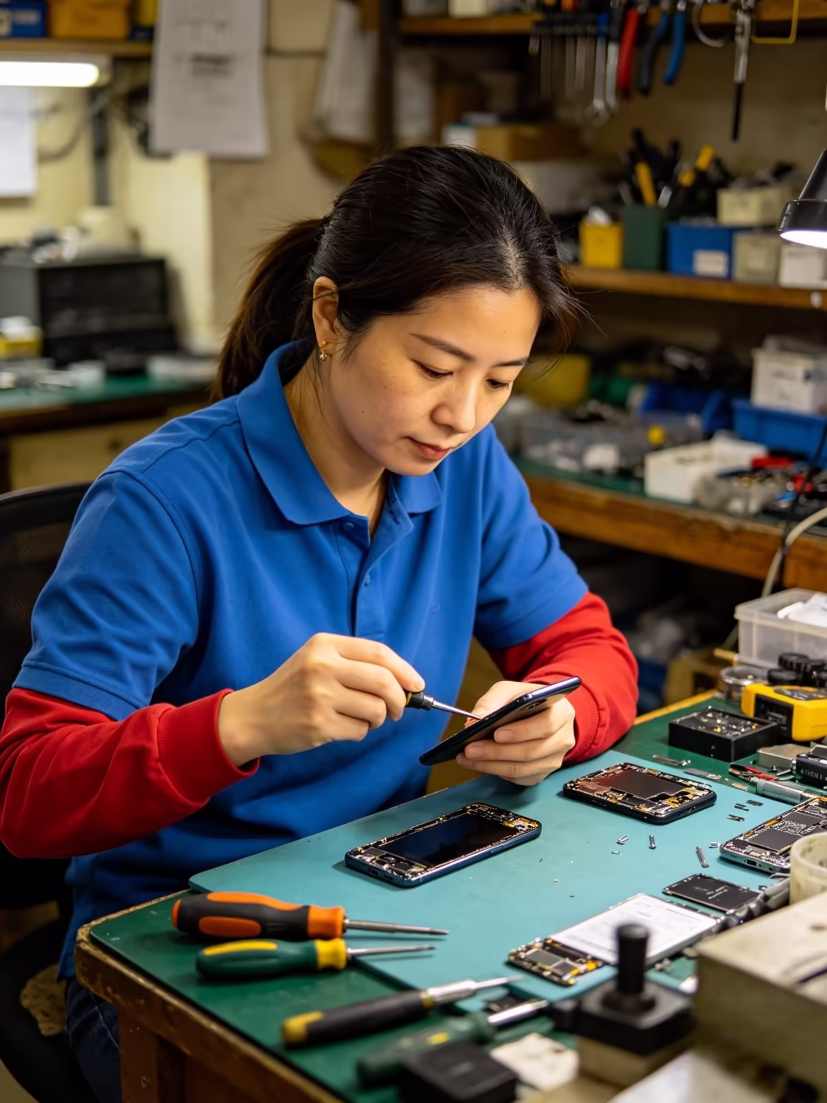 Tecnica reparando un celular en mesa de trabajo