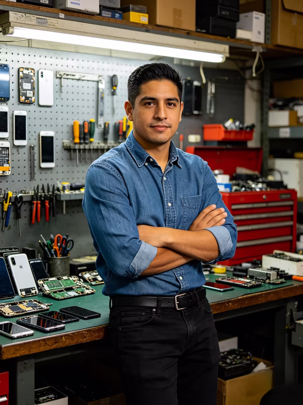 Tecnica revisando componentes de celulares
