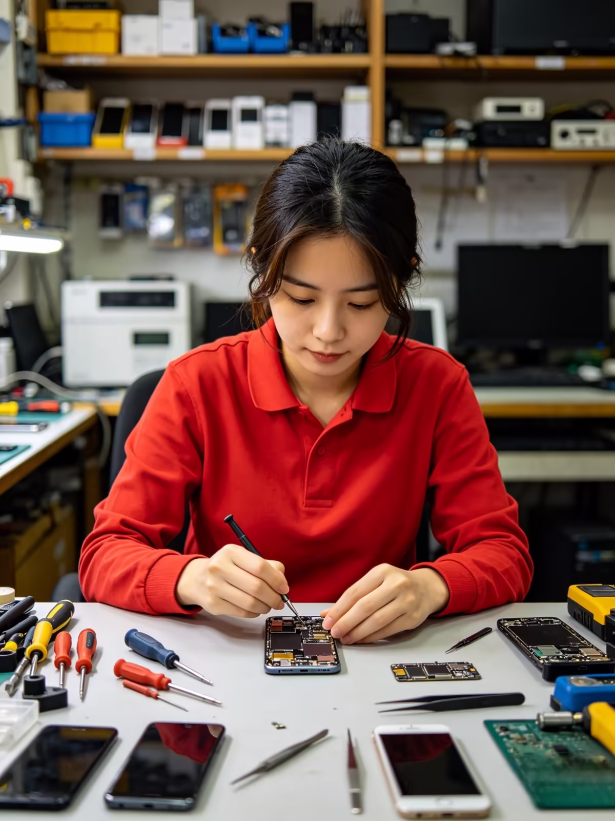 Tecnica usando herramientas para reparar un celular
